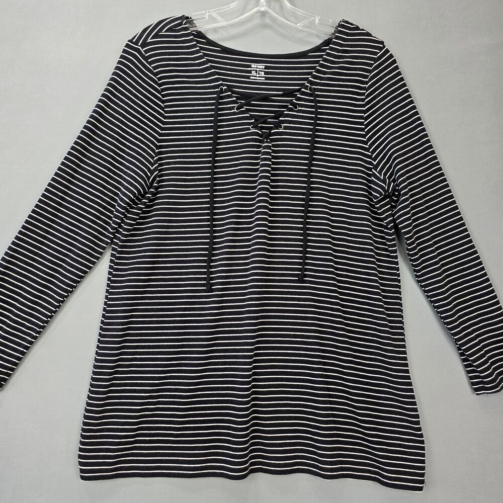 Old Navy Black Striped Shirt Classic Tie V-Neck Tee Stretch Women's Size XL Top